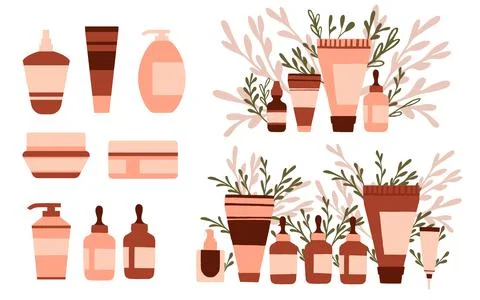 Set of cosmetics tubes and vials hygiene products for beauty and skin care ve Stock Illustration