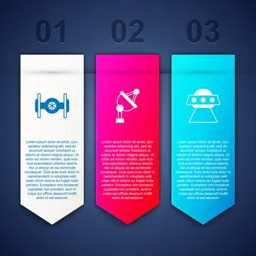 Set Cosmic ship, Satellite dish and UFO flying spaceship. Business infograp.. Stock-Illustration