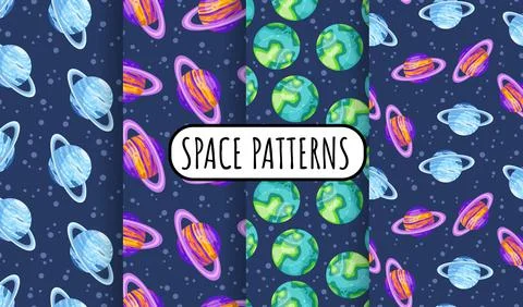 Set of cosmos seamless space pattern background with planets with rings. Coll イラスト素材