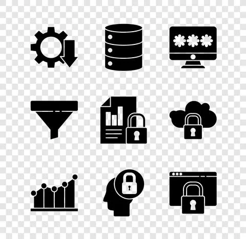 Set Cost reduction, Server, Data, Web Hosting, Monitor with password, Pie chart Stock Illustration