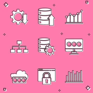 Set Cost reduction, Server, Data, Web Hosting, Pie chart infographic, Hierarchy Ilustración de archivo