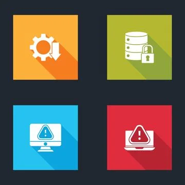 Set Cost reduction, Server security with lock, Monitor exclamation mark and L イラスト素材