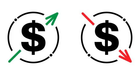 Set of cost symbol dollar increase and decrease icon. Money vector symbol iso Stock Illustration