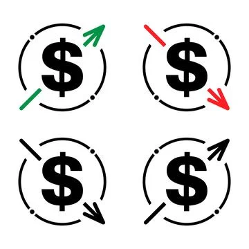 Set of cost symbol dollar increase and decrease icon. Money vector symbol iso Stock Illustration