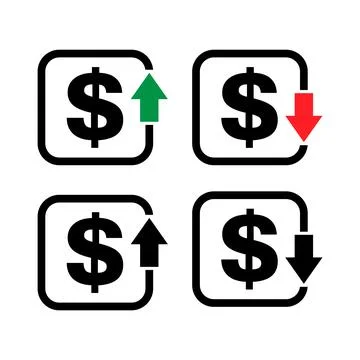 Set of cost symbol dollar increase and decrease icon. Money vector symbol iso Stock Illustration