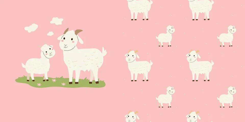 Set of cottage decore pink pattern with goat and kids baby animal and clouds Stock Illustration