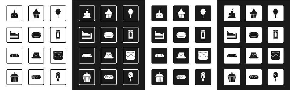 Set Cotton candy, Macaron cookie, Piece of cake, Pudding custard, Candy, Cake Stock Illustration