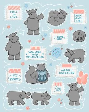 Set of Couple of hippos in different poses, with balloons. There are short lo Stock Illustration