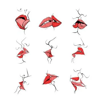 Set couple kissing lips collction sketch vector illustration line art Stock Illustration