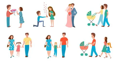 A set of couples at different stages of a relationship. The birth of a family . Stock Illustration
