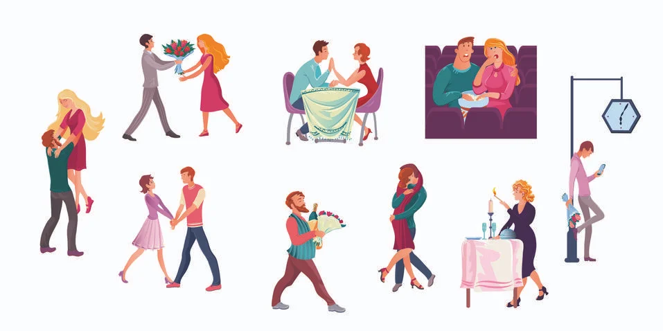 Set of couples on romantic dates in different situations. Vector illustration in Illustrazione stock