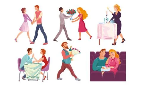 Set of couples on romantic dates in different situations. Vector illustration in Stock Illustration