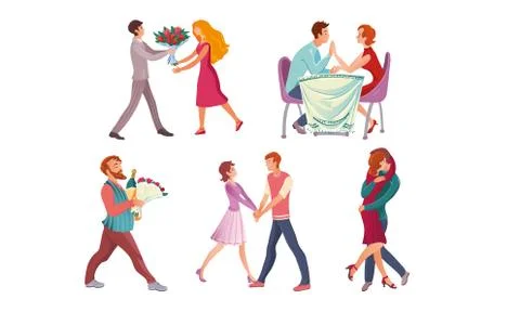 Set of couples on romantic dates in different situations. Vector illustration in Stock Illustration