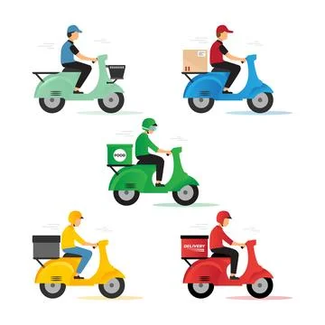 Set of courier delivery with scooter vector illustration 库存插图