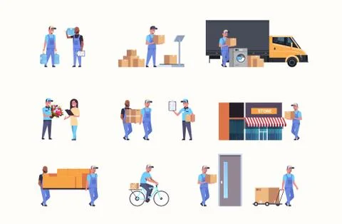 Set couriers in different working situations express delivery service concepts Illustration