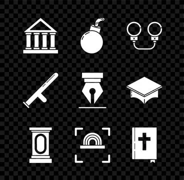 Set Courthouse building, Bomb ready to explode, Handcuffs, Stage stand or d.. Stock Illustration