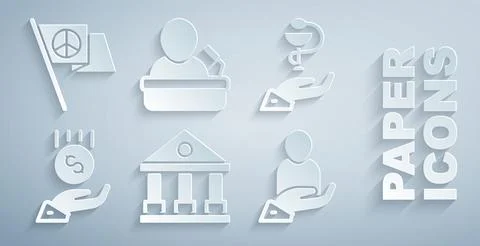 Set Courthouse building, Caduceus snake medical, Coins on hand - minimal wa.. Ilustración de archivo