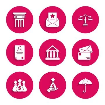 Set Courthouse building, Hand holding money bag, Umbrella, Envelope, Money,.. Ilustración de archivo