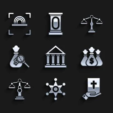 Set Courthouse building, Hexagram sheriff, Oath on the Holy Bible, Money bag Stock Illustration