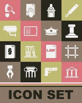 Set Courthouse building, Prison window, Stamp, Judge, Safe, Security camera Ilustración de archivo
