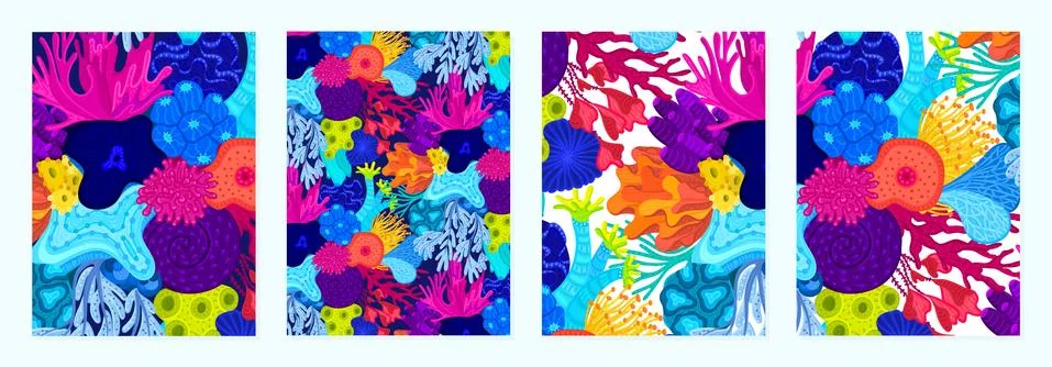 Set of cover templates with patterns of bright corals. Colorful artistic back Stock Illustration