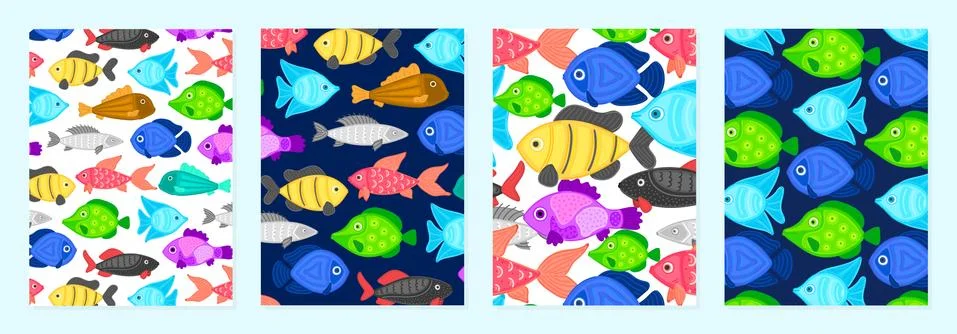 Set of cover templates with patterns of bright cartoon fish. Colorful artisti Stock Illustration