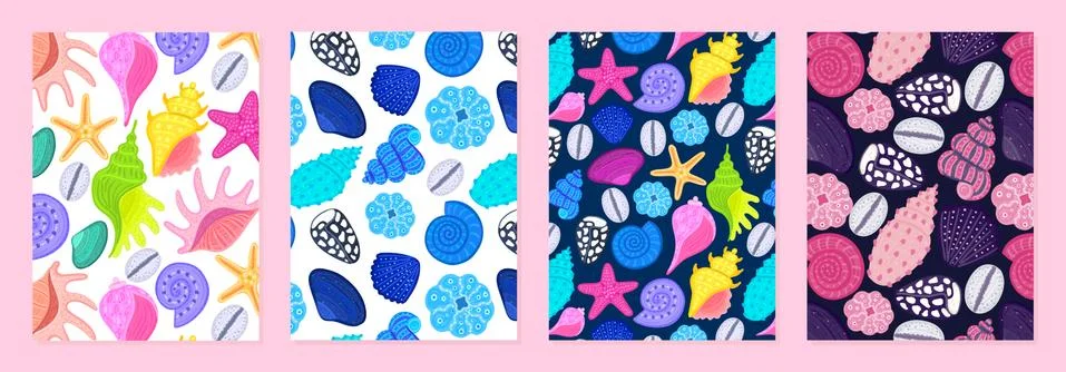 Set of cover templates with patterns of bright shells. Undersea world. Colorf Stock Illustration