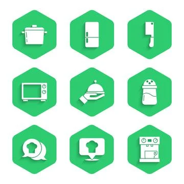 Set Covered with tray, Chef hat location, Coffee machine, Salt, speech bubble Stock Illustration