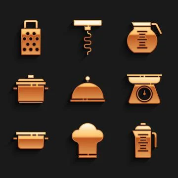 Set Covered with tray, Chef hat, Teapot, Scales, Cooking, Coffee and Grater icon Stock Illustration