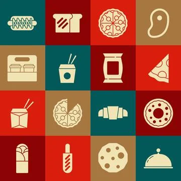 Set Covered with tray, Donut, Slice of pizza, Pizza, Asian noodles and chop.. Stock Illustration