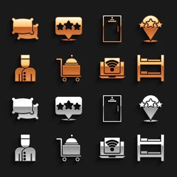 Set Covered with tray, Five stars rating review, Hotel room bed, Wireless laptop Stock Illustration