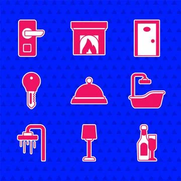Set Covered with tray of food, Table lamp, Champagne bottle glass, Bathtub,.. Illustrazione stock