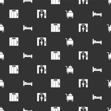 Set Covered with tray, Hotel room bed, Lift and on seamless pattern. Vector 스톡 일러스트
