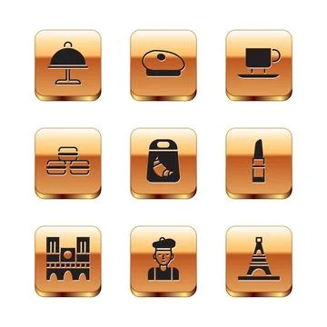 Set Covered with tray, Notre Dame, French man, Croissant package, Macaron cookie Stock Illustration