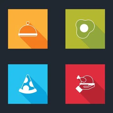 Set Covered with tray, Scrambled eggs, Slice of pizza and Roasted turkey or.. Stock Illustration