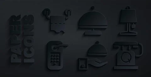 Set Covered with tray, Table lamp, Digital door lock, Telephone handset, and Illustrazione stock