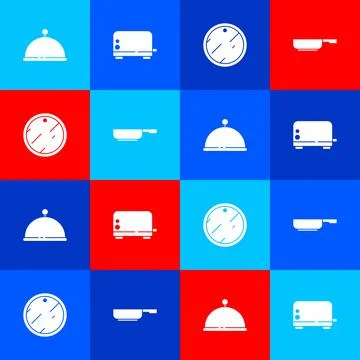 Set Covered with tray, Toaster, Cutting board and Frying pan icon. Vector Stock Illustration