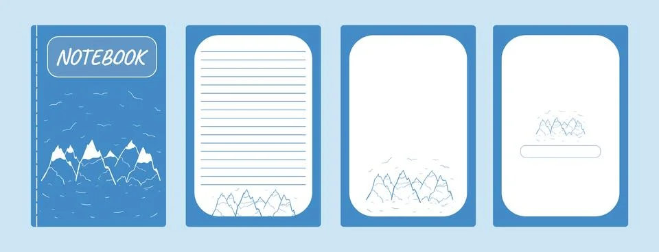 Set covers and pages notebook, sketchbook blue color. White Mountains line ar Stock Illustration