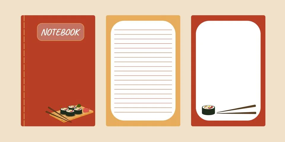 Set covers notebook red, orange. Sushis rolls on wooden board. Asian food V.. Stock Illustration