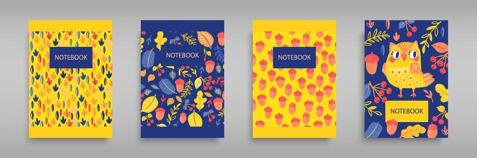 Set covers for notebooks with an owl and wild forest nature. Stock Illustration