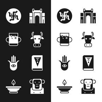 Set Cow, Cup of tea and leaf, Hindu swastika, India Gate Delhi, Hamsa hand,.. Stock Illustration