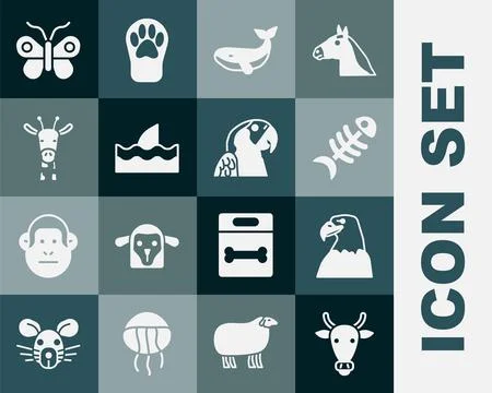 Set Cow head, Eagle, Fish skeleton, Whale, Shark fin in ocean wave, Giraffe Stock Illustration