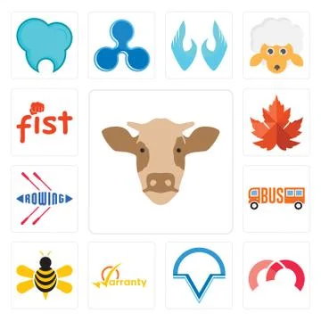 Set of cow head, m, v circle, warranty, honey bee, , rowing, maple leaf, fist 무료 스톡 일러스트
