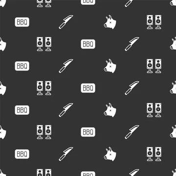 Set Cow head, Stereo speaker, Barbecue and Knife on seamless pattern. Vector Stock Illustration