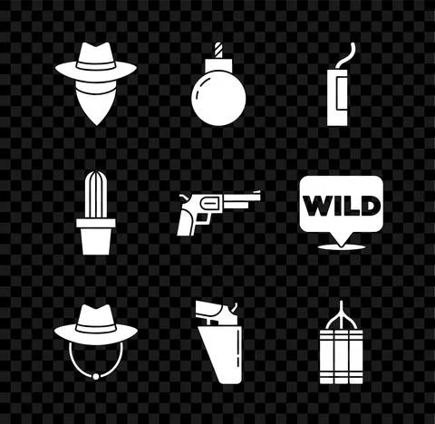 Set Cowboy, Bomb ready to explode, Dynamite bomb, Western cowboy hat, Revolver Stockillustratie