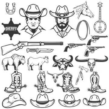 Set of cowboy design elements. Cowboy boots, hats, weapon. Cow, bull, buffalo 스톡 일러스트