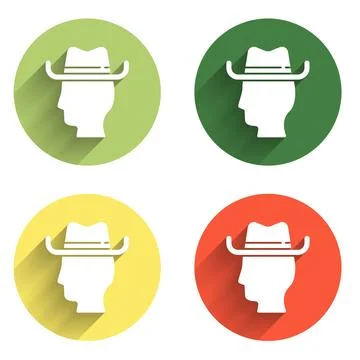 Set Cowboy icon isolated with long shadow background. Color circle button. .. Stock Illustration