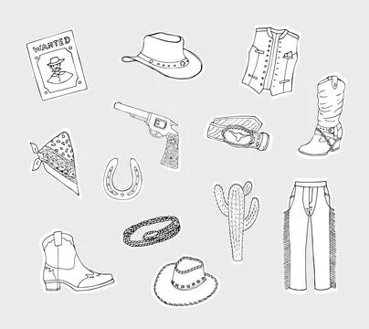 Set of cowboy objects. Collection of wild-west items boots, cactus, horsesh.. Stock Illustration