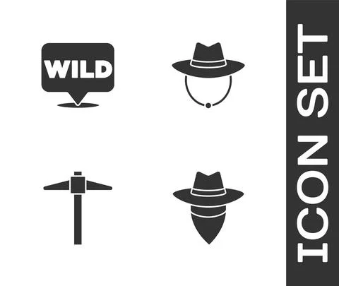Set Cowboy, Pointer to wild west, Pickaxe and Western cowboy hat icon. Vector 스톡 일러스트