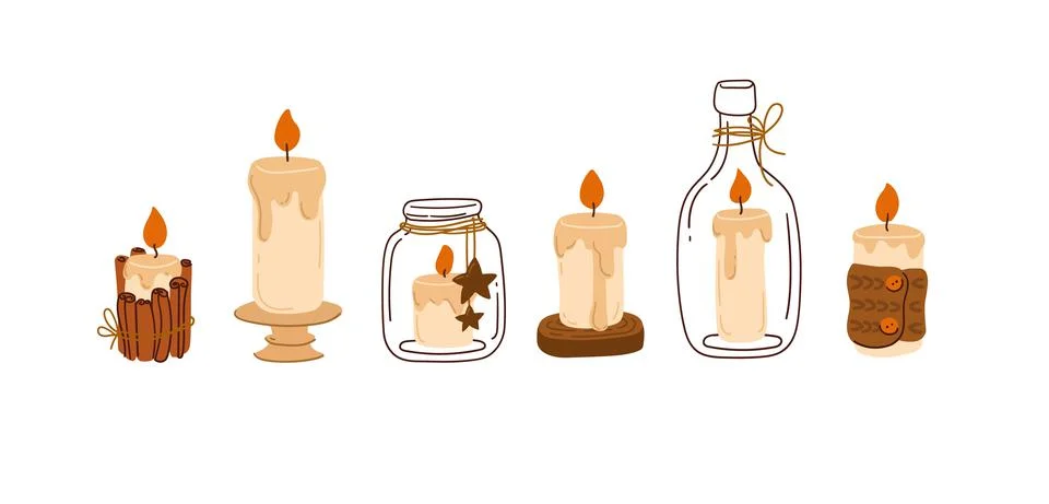 A set of cozy candles with different decor. Vector illustration in flat style on Illustrazione stock